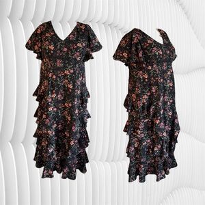 Kiyonna 2X Black Floral Ruffle Tiered Maxi Dress